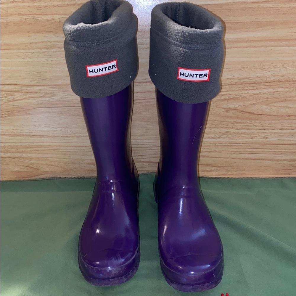 HUNTER Tall Rainboots Youth Glossy Purple with Cuff Socks and Bag Size 7 / 38 - Picture 2 of 13